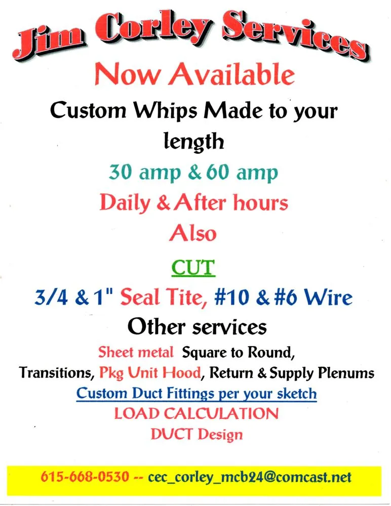 Slide of Jim Corley Services, HVAC, Electrical, Sheetmetal Fabrication