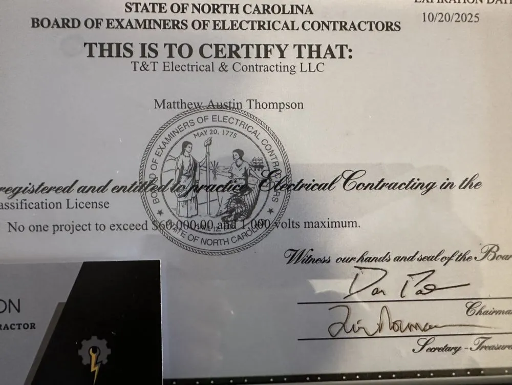 Certified electrician providing electrical repair in Seagrove, NC - T & T Electrical And Contracting
